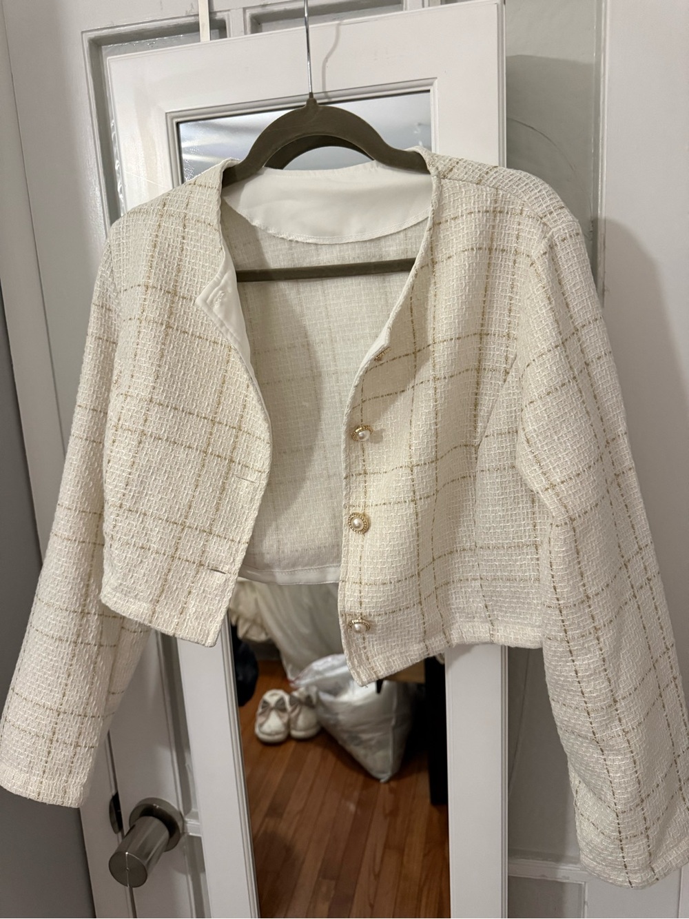 SHEIN Cream Tweed Cropped Jacket and matching skirt suit set